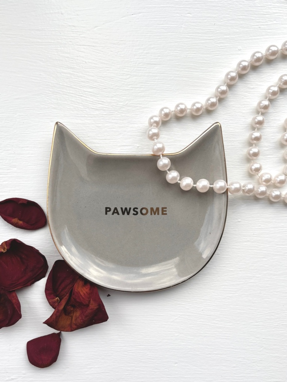 Cute Pawsome cat kitty head grey gray ceramic dish tray with gold details